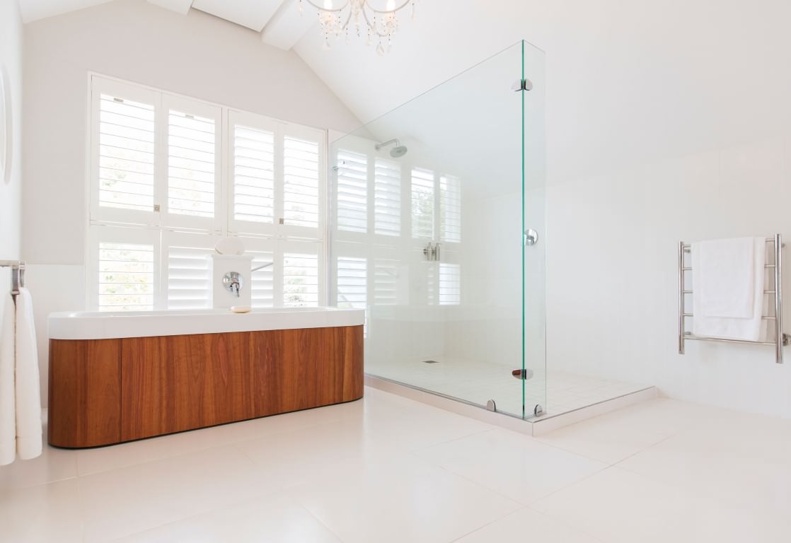 Soaking tub and shower in modern bathroom. Image shot 2013. Exact date unknown.