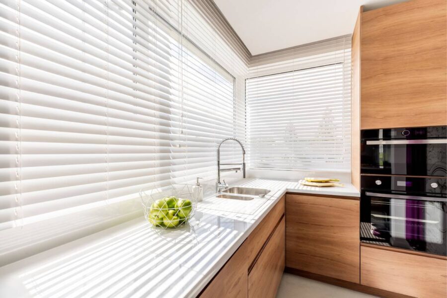 Luxury blinds in a modern kitchen setting at Model Space Designs near Toronto