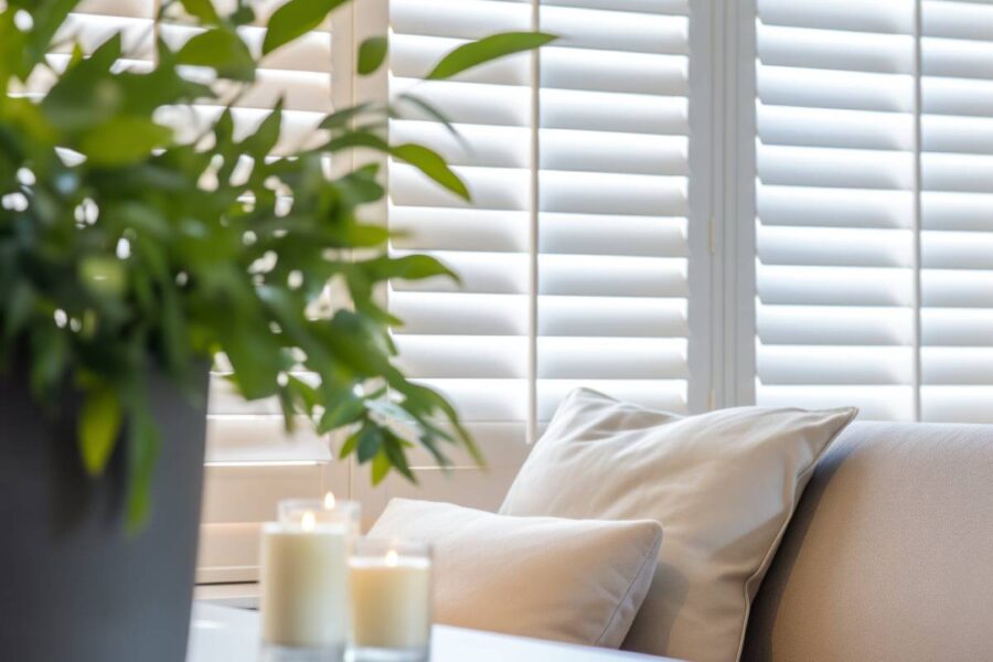 Modern interior window shutters in a living room room at Model Space Designs near Toronto