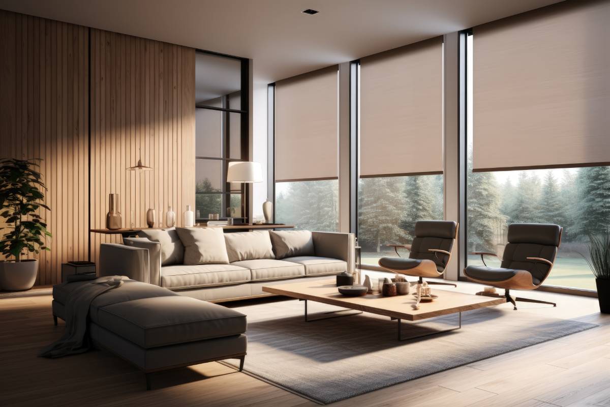 Modern window shades on three large windows in a living at Model Space Designs near Toronto