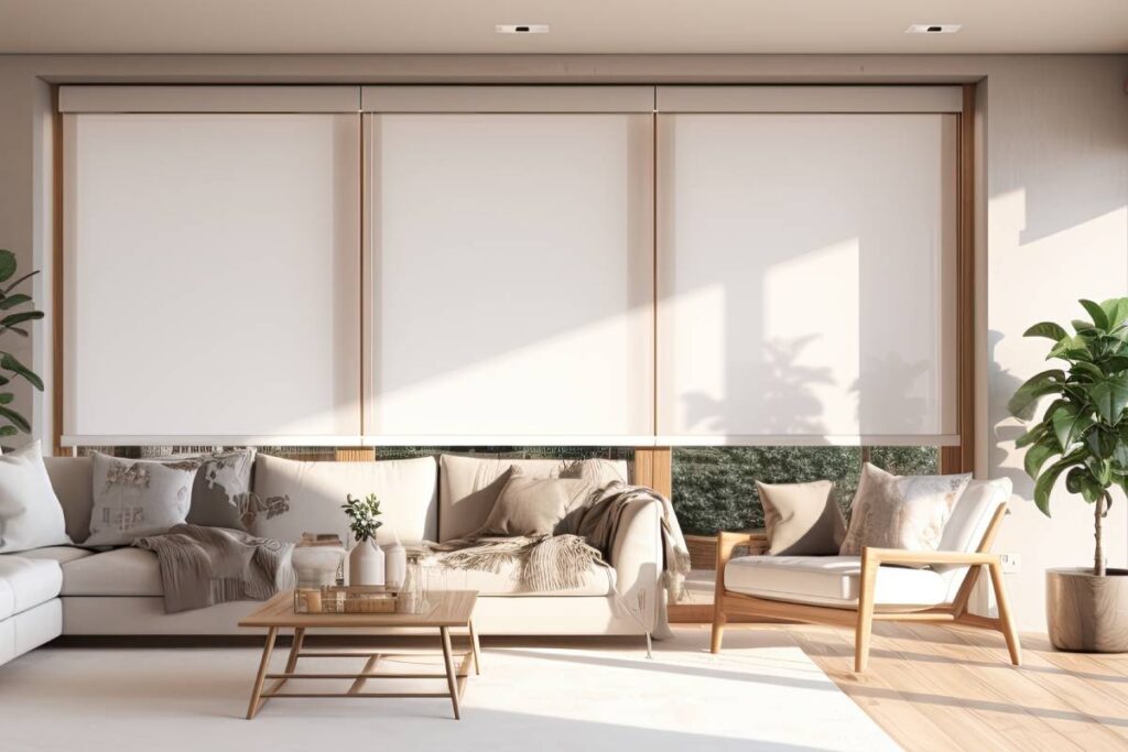A modern living room with motorized shades at Model Space Designs near Toronto