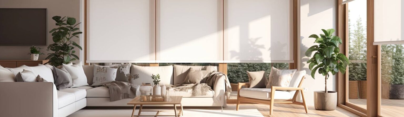 A modern living room with motorized shades at Model Space Designs near Toronto