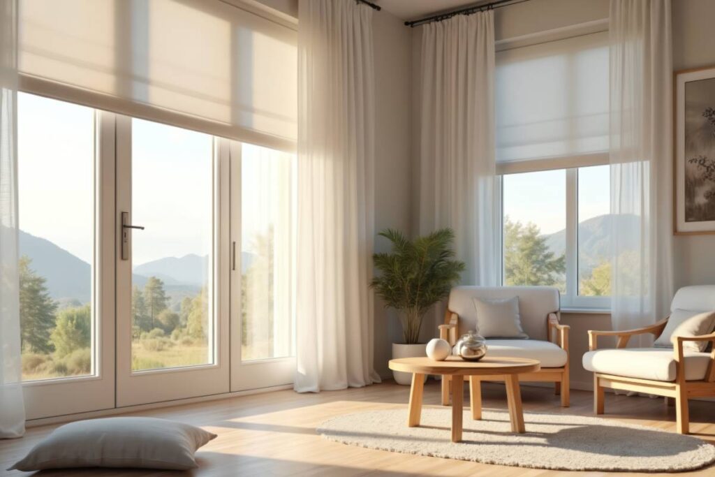 Motorized curtains and shades in a modern living room at Model Space Designs near Toronto