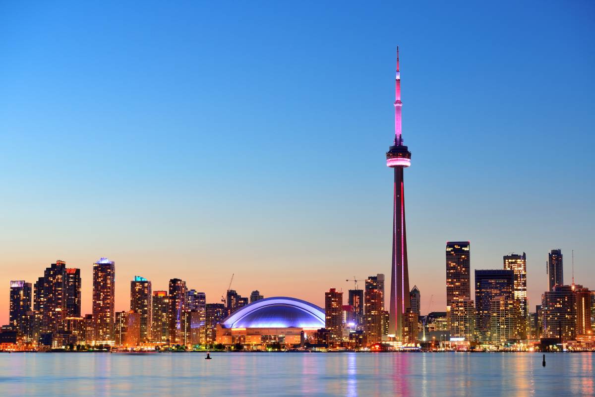 the toronto canada skyline while lit up at Model Space Designs near Toronto
