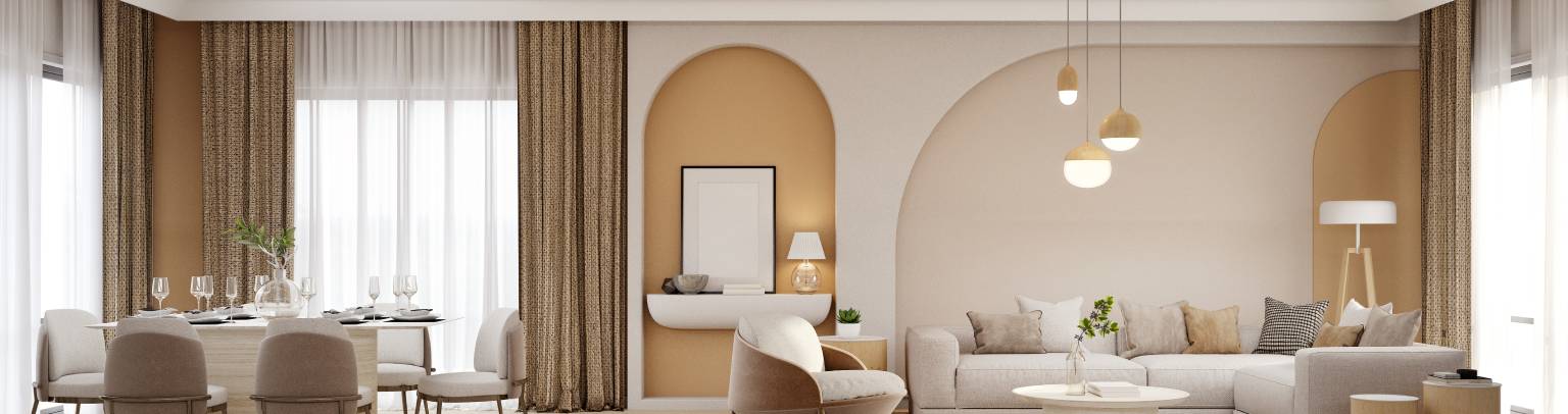 A luxury living room and dining room