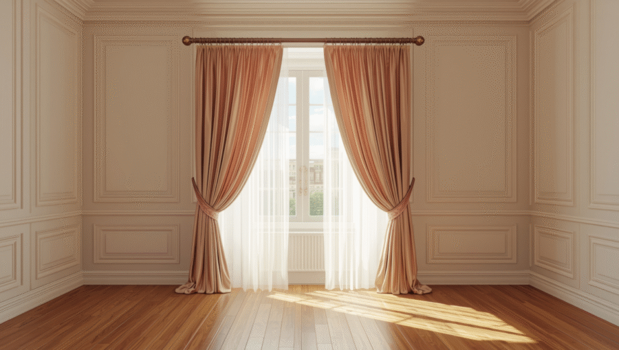A set of modern, luxury drapes on a window