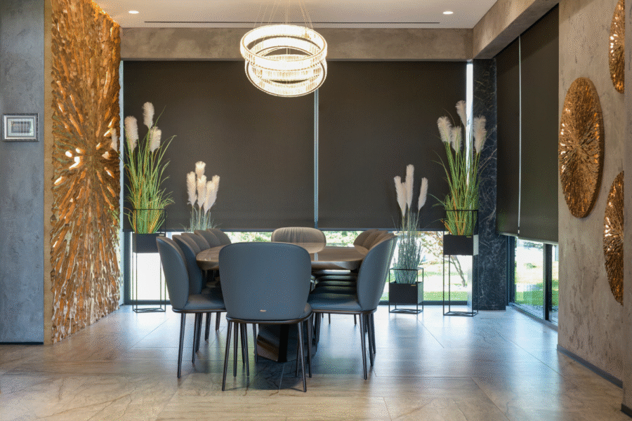 Roller shades in modern dining room.